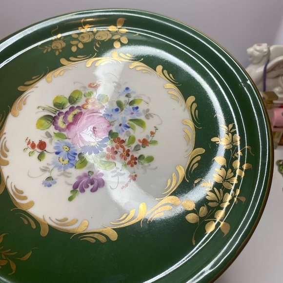 Two Vintage France Plates Hand Painted Floral Green & Gold Accents About 8” Wide - Picture 5 of 15